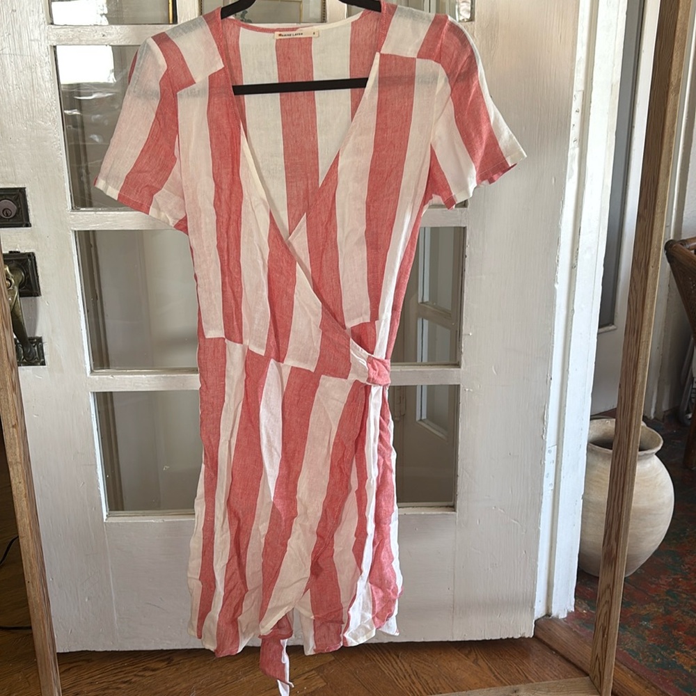 Marine Layer Frances Wrap Dress in Poppy Red/White Stripe linen blend sz small
